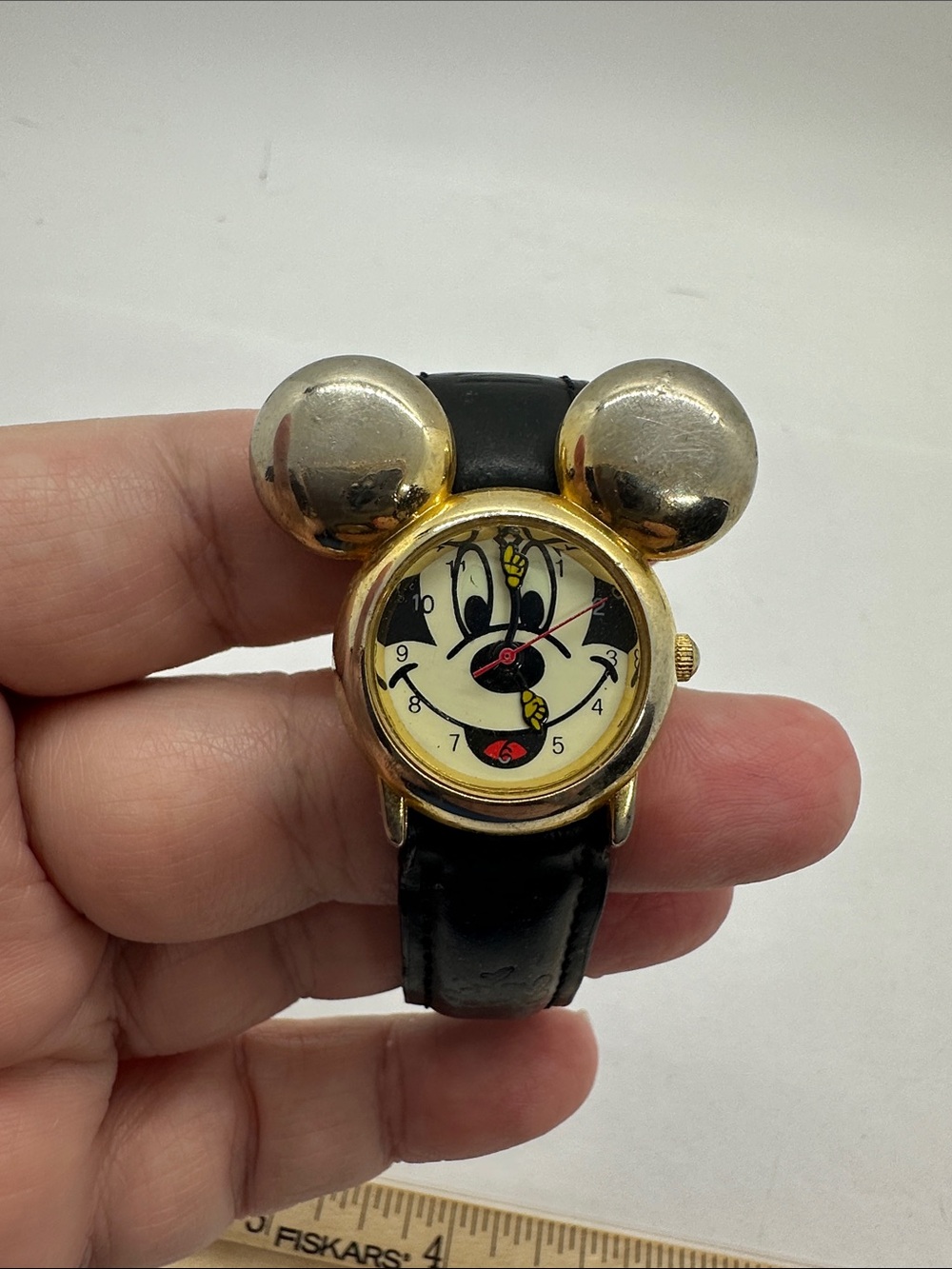 Mickey Mouse Gold-Tone Ear Watch with Black Leather Strap
